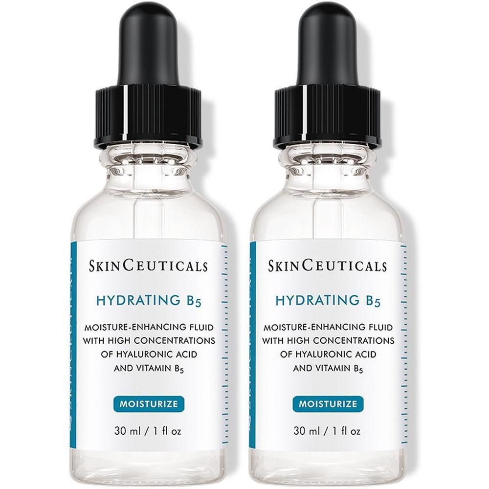 Zwei Flaschen SKINCEUTICALS Hydrating B5 Gel. Klare Glasflaschen mit schwarzer Pipette. Blaue Etiketten mit weißer Schrift.