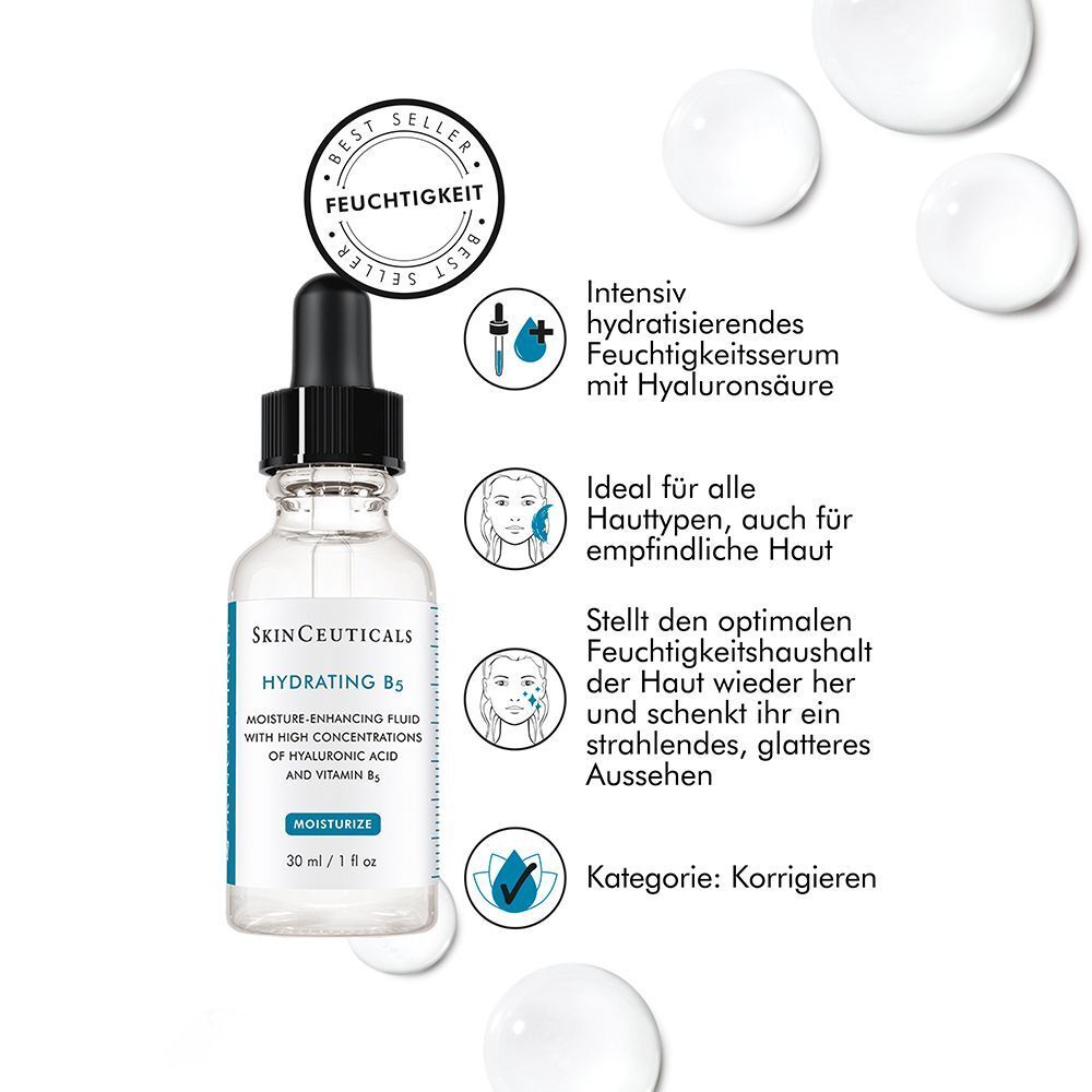 SKINCEUTICALS Hydrating B5 Gel-Flasche mit Text und Icons. „BEST SELLER“ Aufkleber. Serum-Tropfen im Hintergrund.