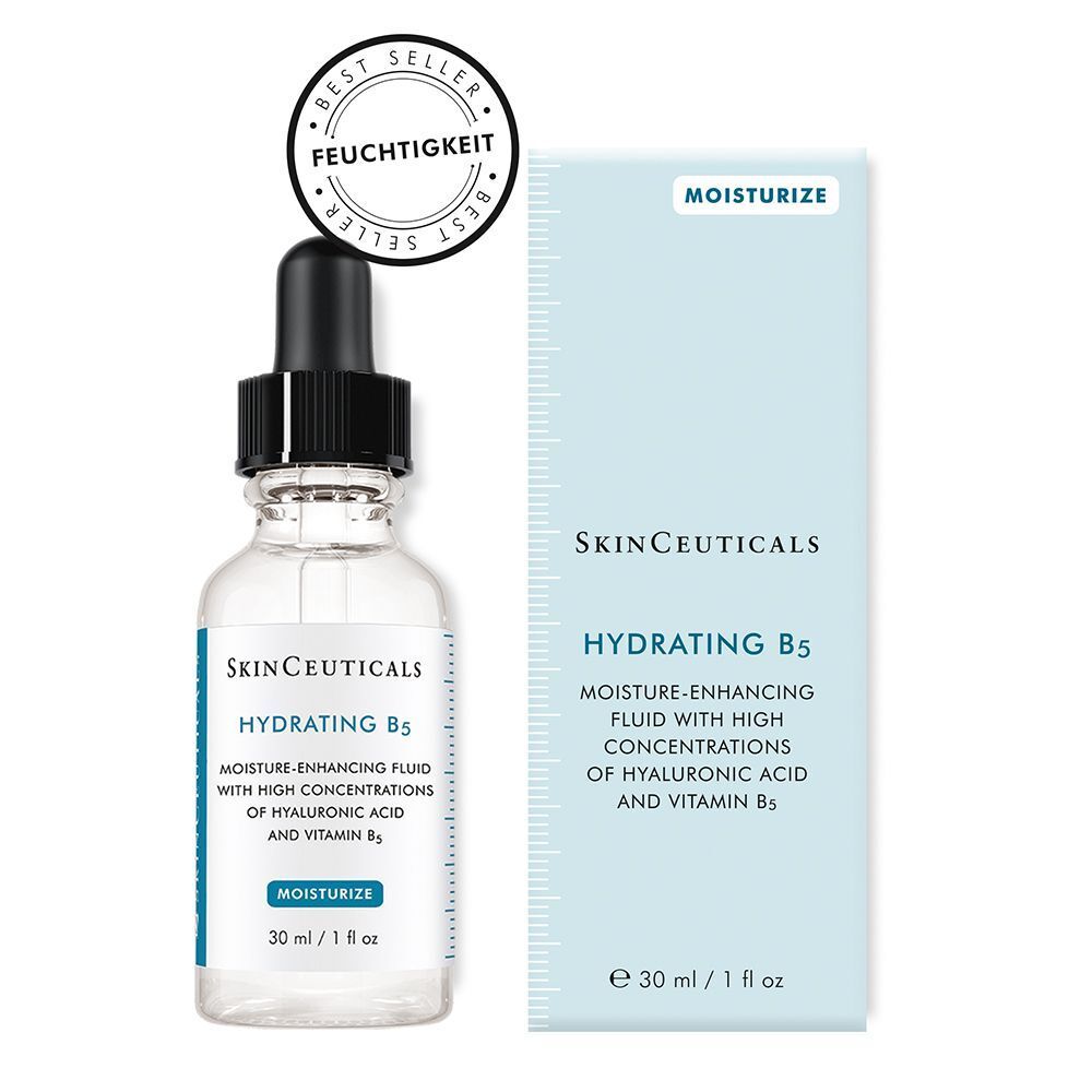 SKINCEUTICALS Hydrating B5 Gel-Flasche und Verpackung. „BEST SELLER“ Aufkleber. Blaue Verpackung mit weißem Text.