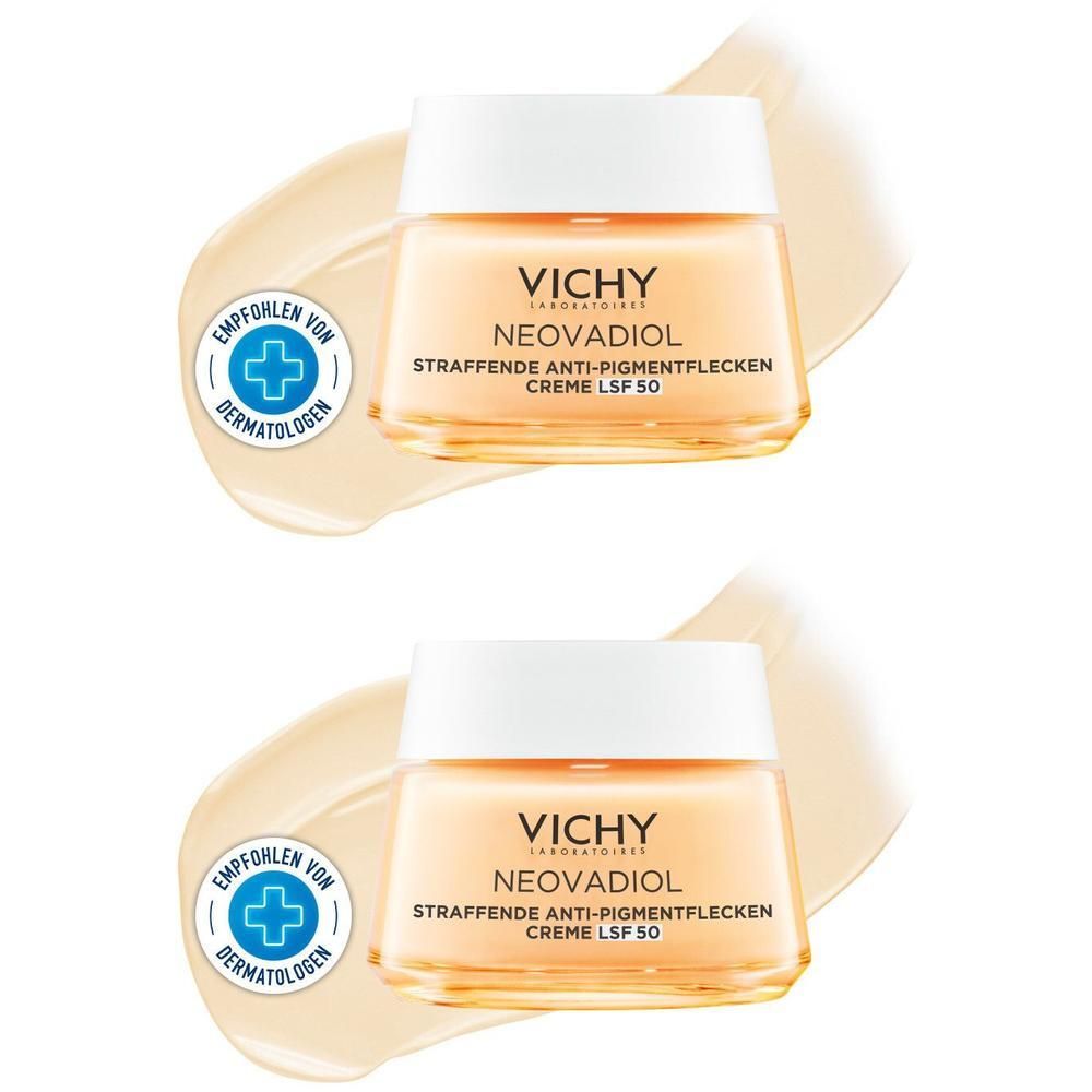 Zwei Tiegel VICHY NEOVADIOL Anti-Pigmentflecken Creme LSF50. Weiße Deckel, gelbe Tiegel, auf cremefarbenem Hintergrund. Empfohlen von Dermatologen.