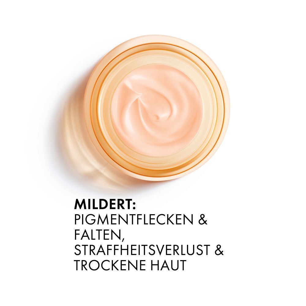 Draufsicht auf einen Tiegel Creme. Text: Mildert Pigmentflecken & Falten, Straffheitsverlust & trockene Haut.