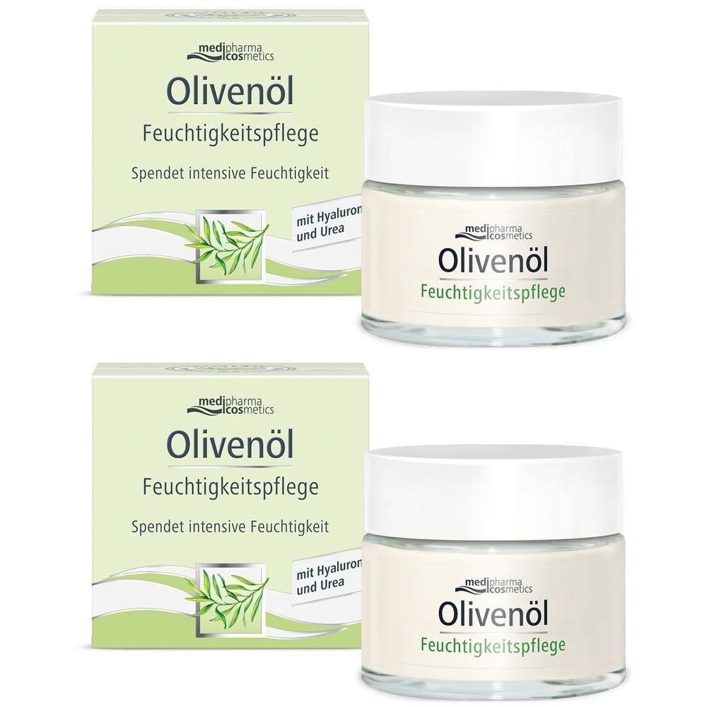Zwei Tiegel und zwei Faltschachteln. Aufschrift: Olivenöl Feuchtigkeitspflege. Marke: medipharma cosmetics.