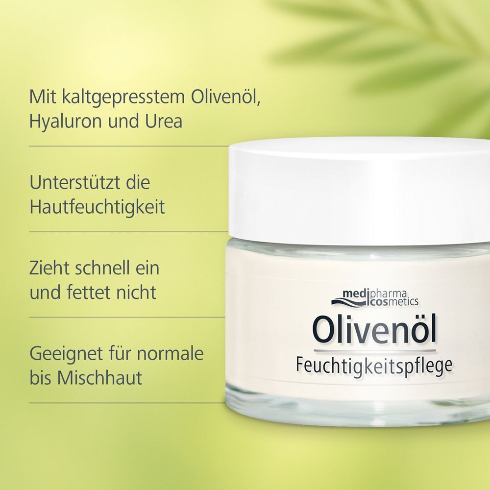 Tiegel mit Aufschrift: Olivenöl Feuchtigkeitspflege. Text: Mit kaltgepresstem Olivenöl, Hyaluron und Urea.