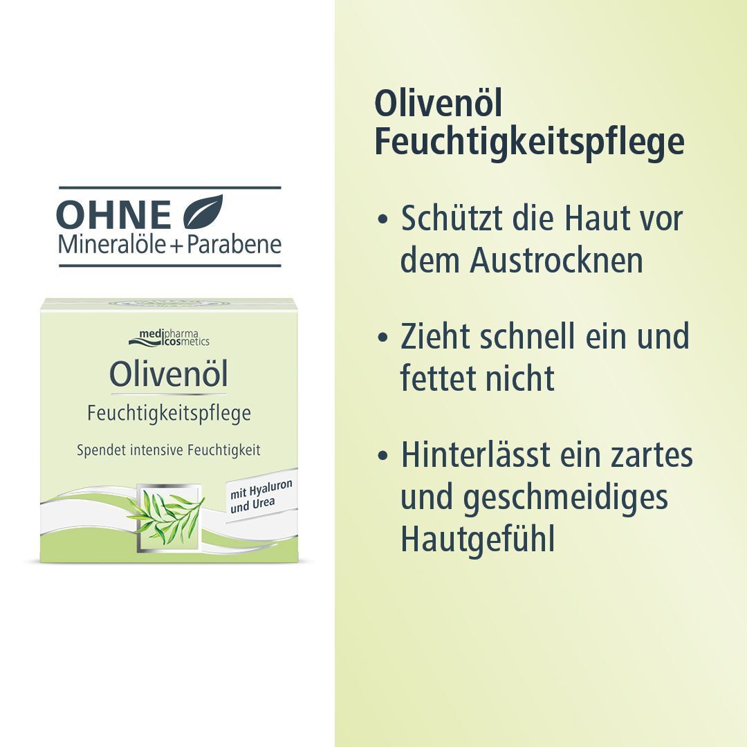 Faltschachtel mit Aufschrift: Olivenöl Feuchtigkeitspflege. Text: Ohne Mineralöle + Parabene.