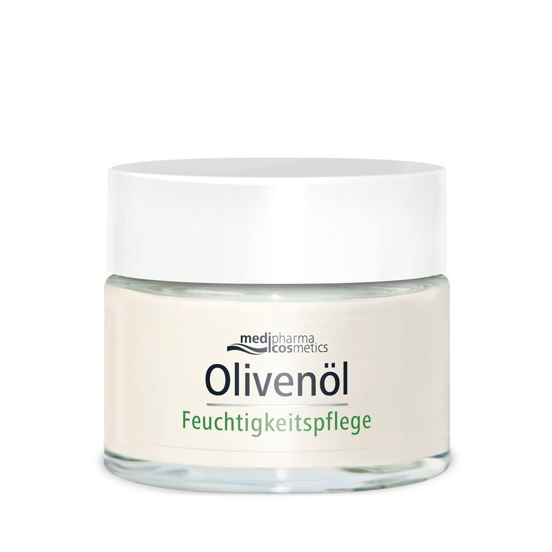 Tiegel mit Aufschrift: Olivenöl Feuchtigkeitspflege. Marke: medipharma cosmetics.