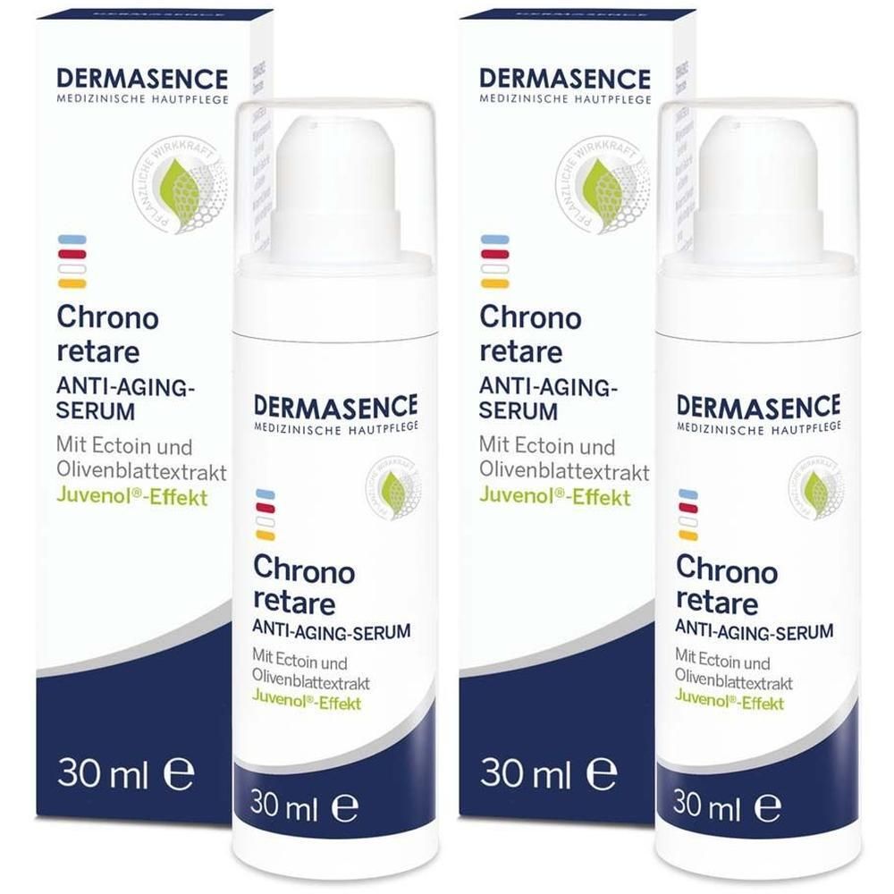 Mehrere Flaschen DERMASENCE Chrono retare Anti-Aging-Serum mit Verpackung. Weiße Flaschen mit blauer und weißer Beschriftung. 30 ml.