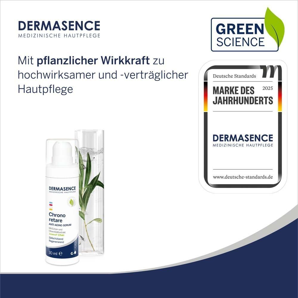 DERMASENCE Chrono retare Anti-Aging-Serum neben einem Glasbehälter mit Pflanzen. Logo 'Marke des Jahrhunderts'.