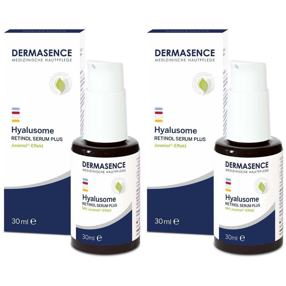 Zwei Flaschen Serum mit weißen Pumpköpfen und Verpackungen. Aufschrift: DERMASENCE Hyalusome Retinol Serum PLUS. 30ml.