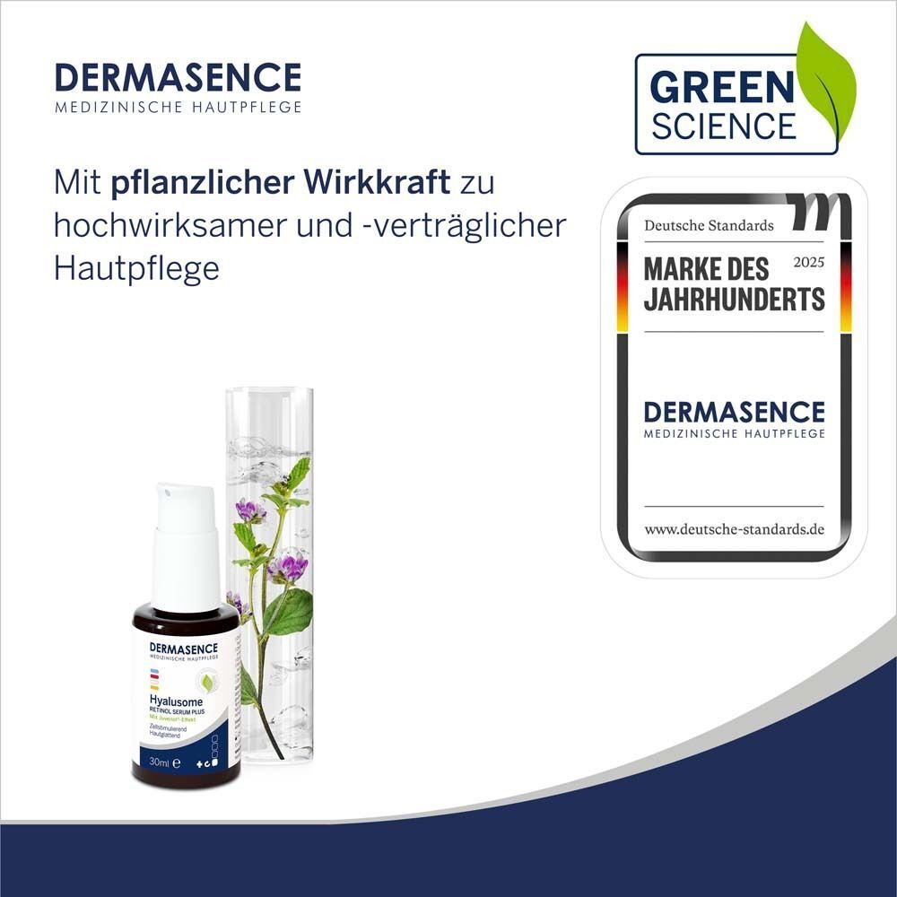 Serumflasche neben einem Glasbehälter mit Pflanzen. Logo: GREEN SCIENCE. Auszeichnung: Marke des Jahrhunderts.