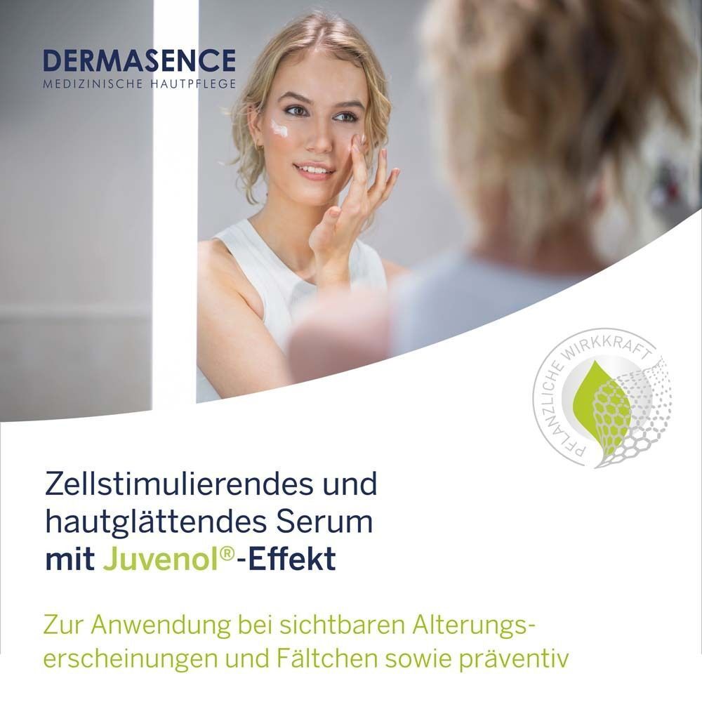 Frau trägt Serum auf. Im Hintergrund Spiegel. Text: Zellstimulierendes und hautglättendes Serum mit Juvenol-Effekt.