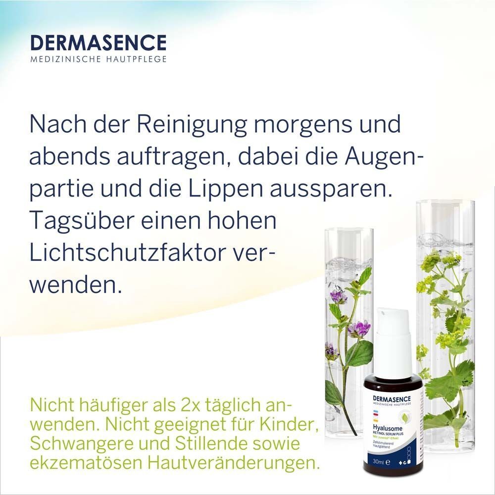 Serumflasche neben zwei Glasbehältern mit Pflanzen. Text: Anwendung morgens und abends. Nicht für Kinder, Schwangere.