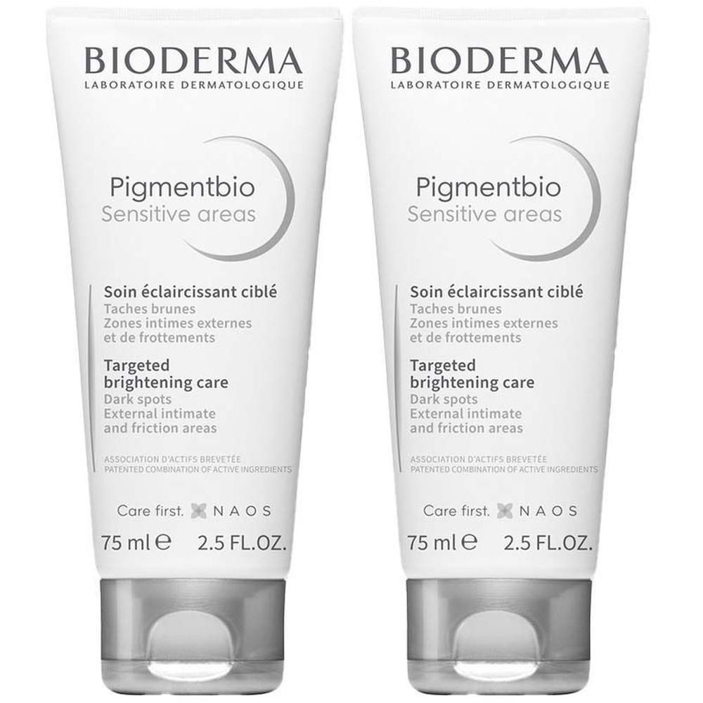 Zwei Tuben BIODERMA Pigmentbio Sensitive Areas Creme. Weiße Tuben mit grauen Deckeln. Produktname und Text in Englisch und Französisch.