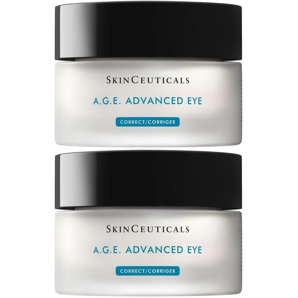 Zwei Tiegel SKINCEUTICALS A.G.E. Advanced Eye Augencreme. Weiße Tiegel mit schwarzem Deckel. Aufschrift: A.G.E. ADVANCED EYE, CORRECT/CORRIGER.