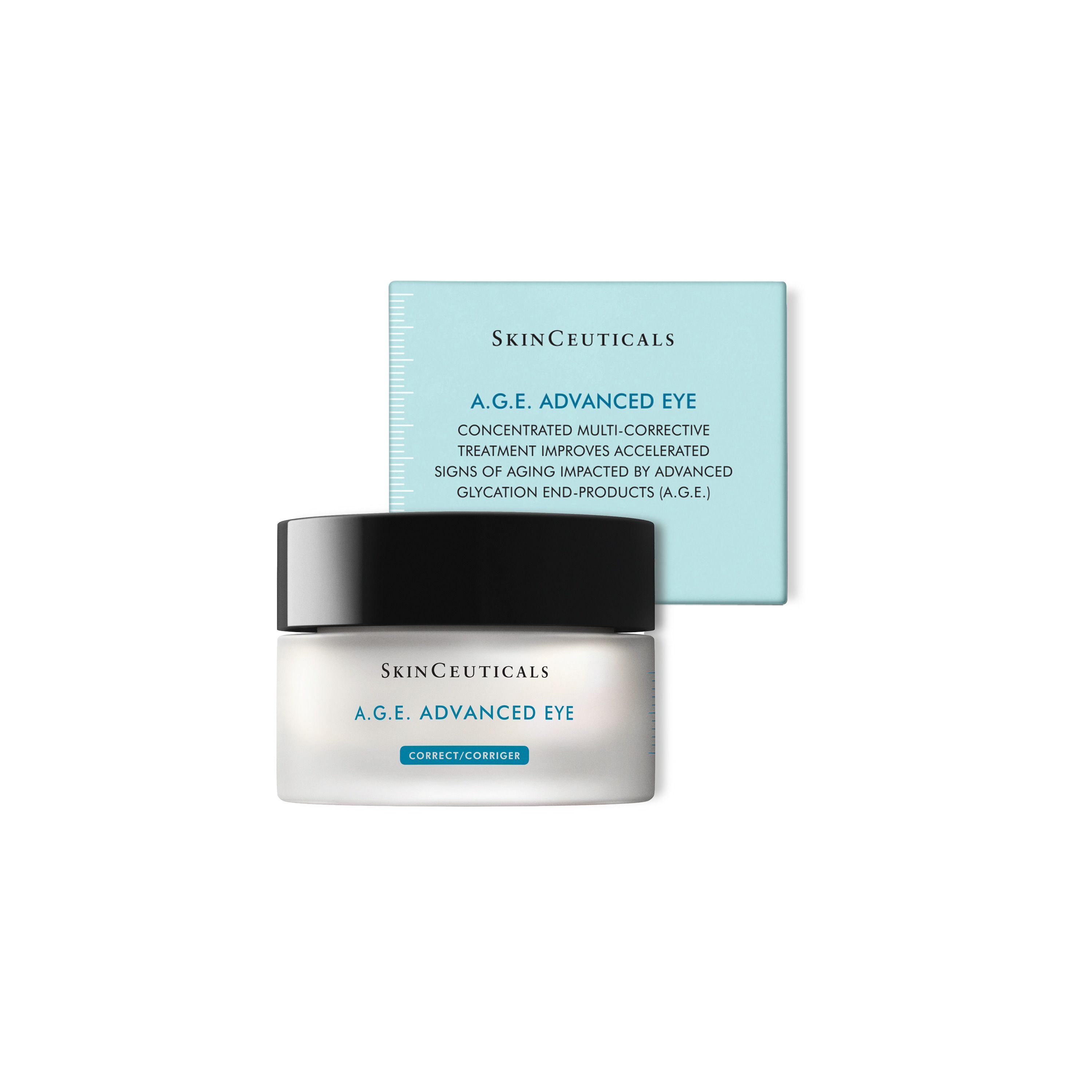 SKINCEUTICALS A.G.E. Advanced Eye Augencreme-Tiegel mit blauer Karte. Aufschrift: A.G.E. ADVANCED EYE, CORRECT/CORRIGER. Text: Konzentrierte Multi-Korrektur-Behandlung.