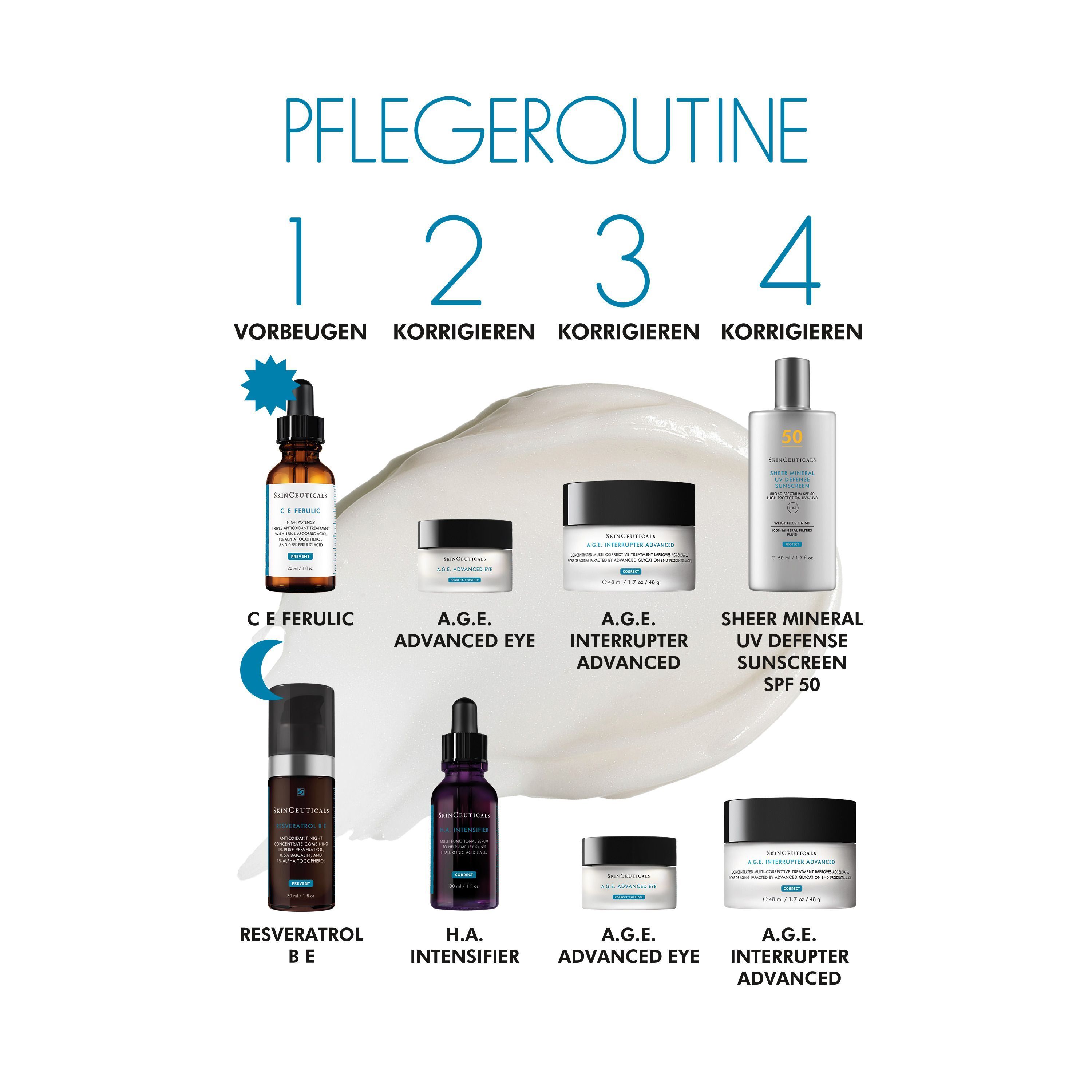 Produktübersicht. Produkte: C E Ferulic, A.G.E. Advanced Eye, A.G.E. Interrupter Advanced, Sheer Mineral UV Defense, Resveratrol B E, H.A. Intensifier, A.G.E. Advanced Eye, A.G.E. Interrupter Advanced.