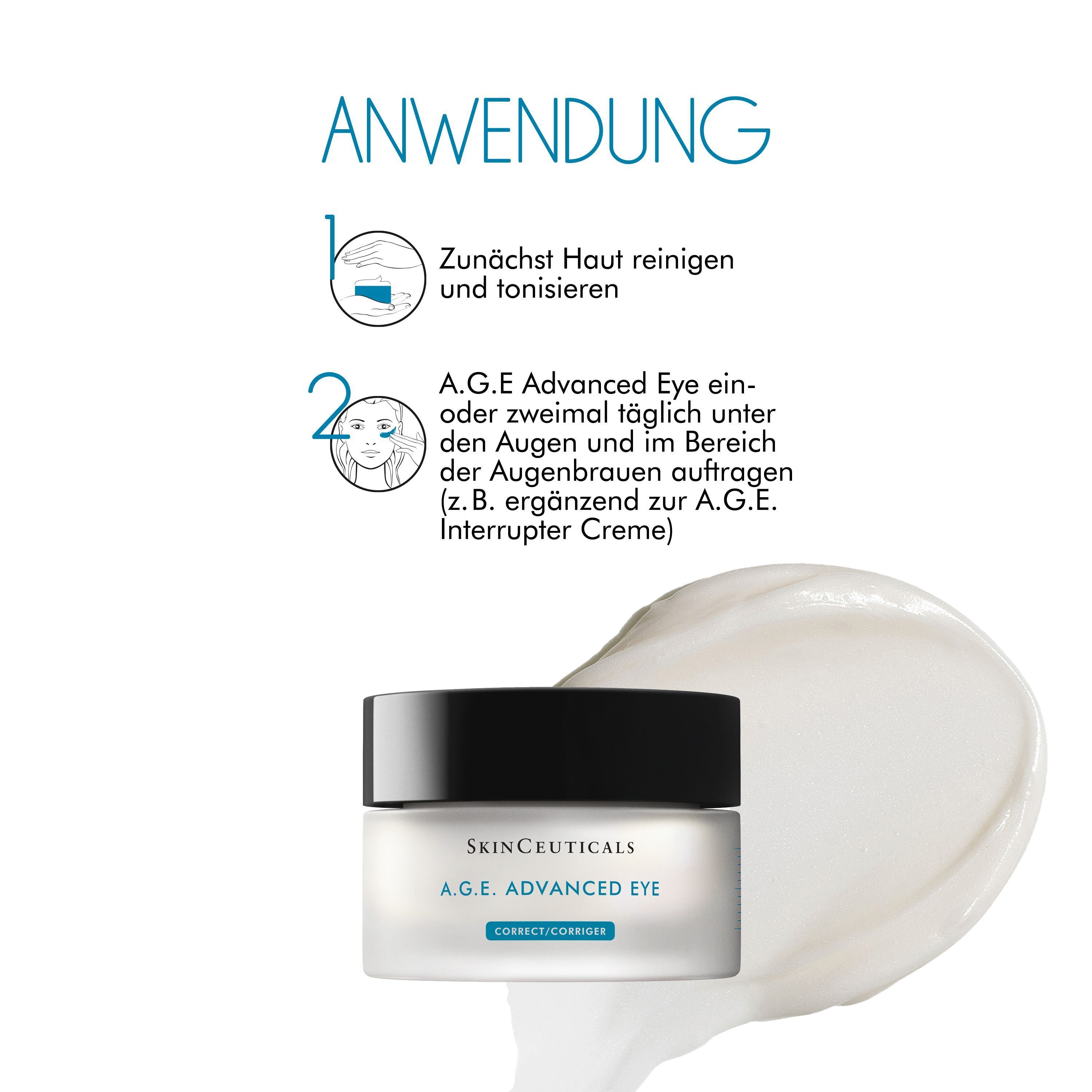 SKINCEUTICALS A.G.E. Advanced Eye Augencreme-Tiegel mit Anwendungsanleitung. Text: A.G.E. Advanced Eye zweimal täglich unter den Augen auftragen.