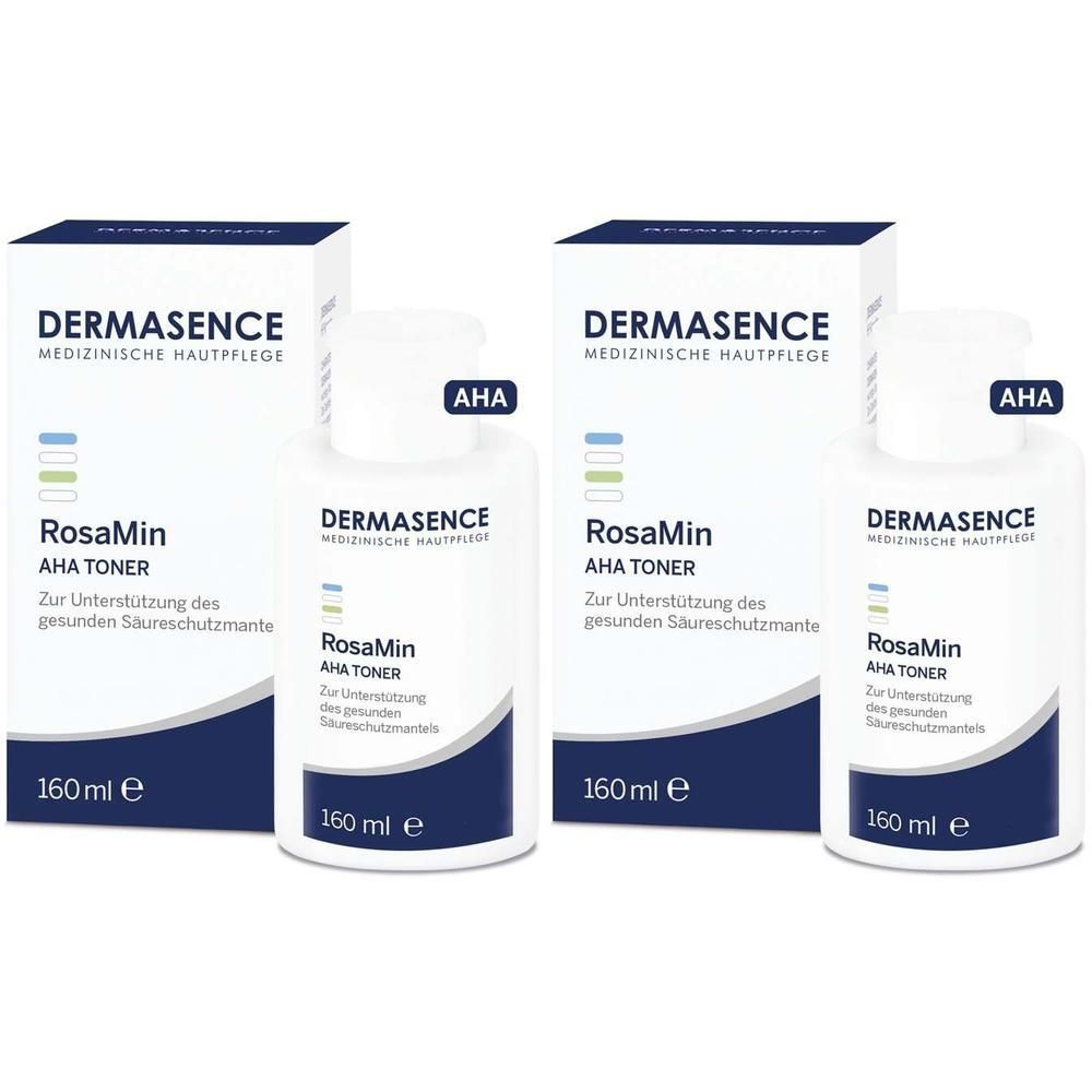 Zwei Flaschen und zwei Kartons. Aufschrift: DERMASENCE RosaMin AHA TONER. 160 ml.