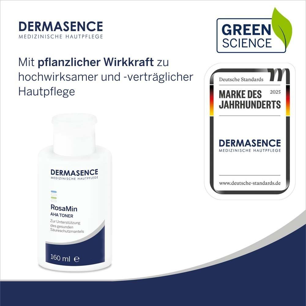 Flasche mit Aufschrift DERMASENCE RosaMin AHA TONER. Logo Green Science und Auszeichnung Marke des Jahrhunderts.