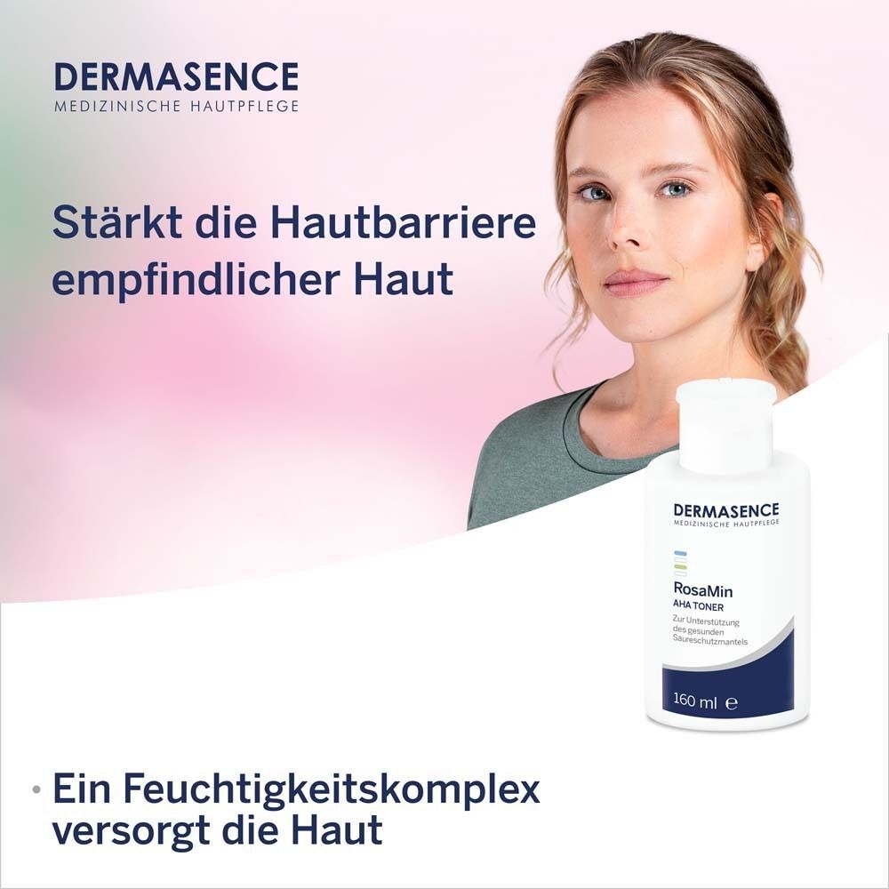 Frau und Flasche mit Aufschrift DERMASENCE RosaMin AHA TONER. 160 ml. Text: Befeuchtet die Haut.