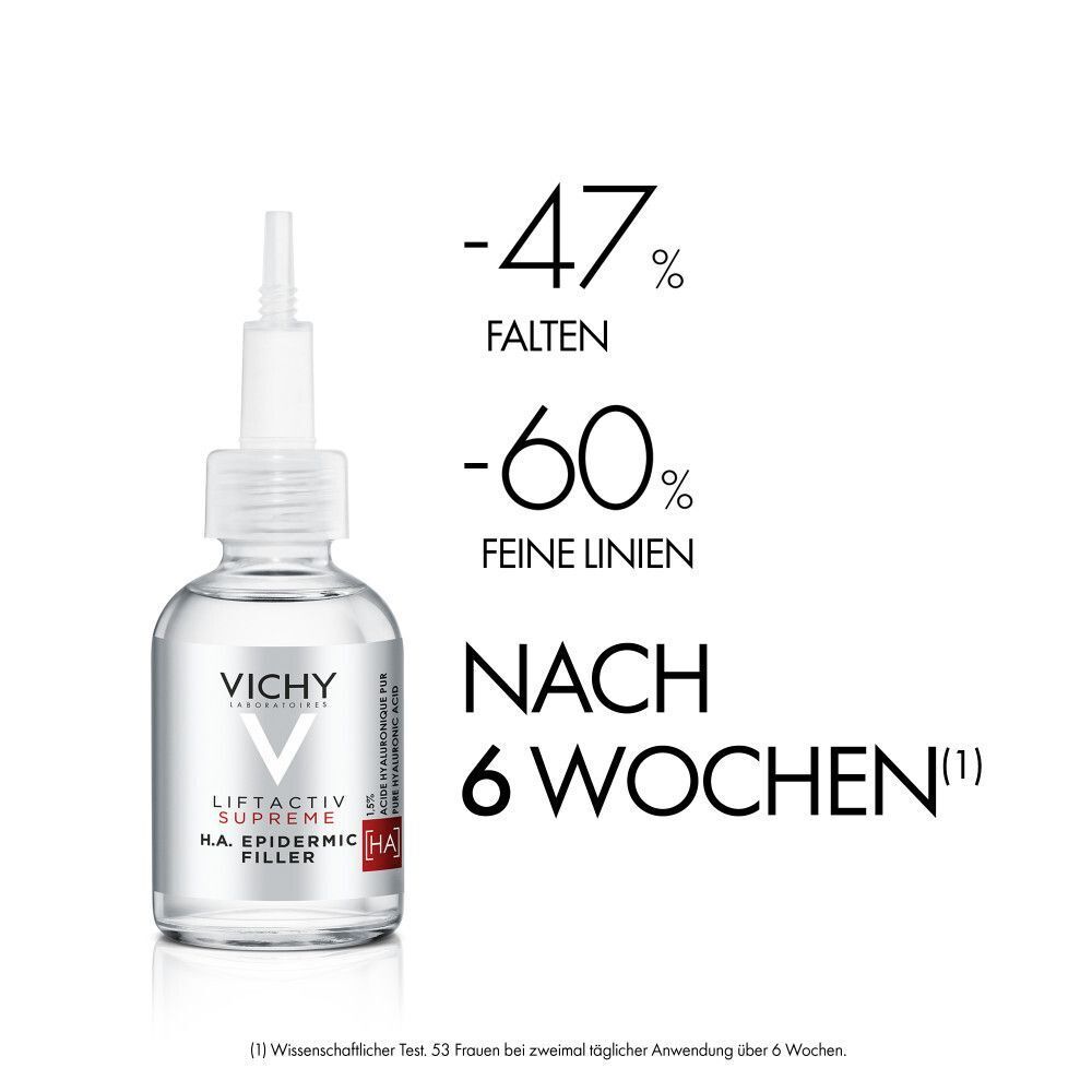 VICHY LIFTACTIV H.A. Epidermic Filler Flakon. Text: -47% Falten, -60% feine Linien nach 6 Wochen.