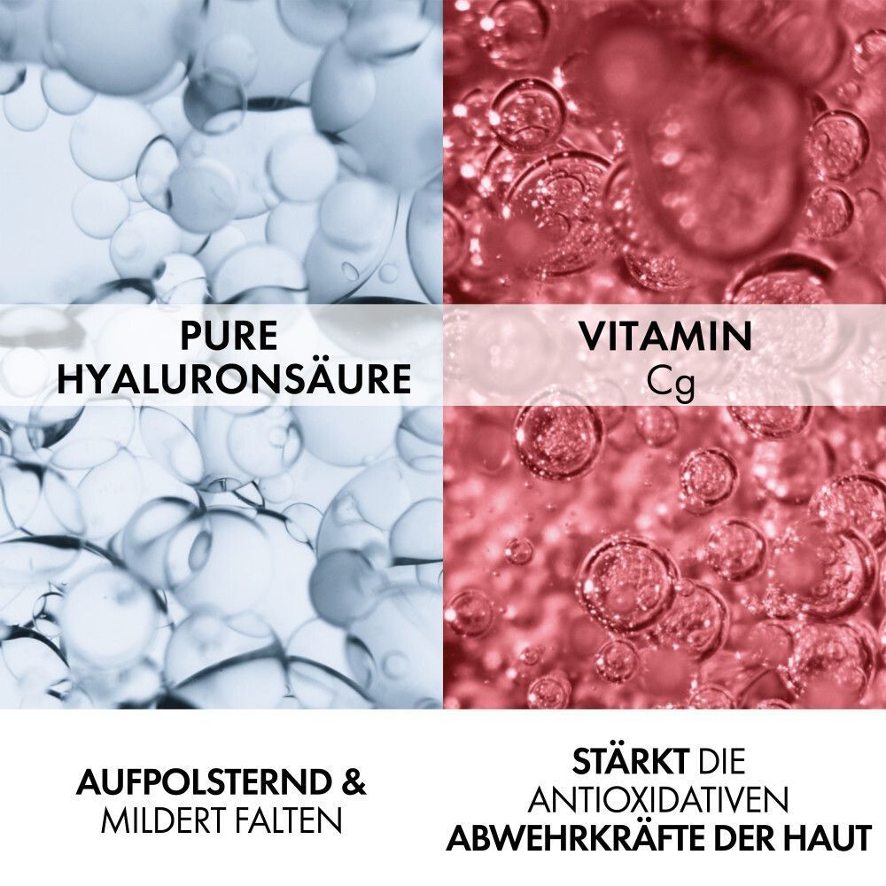 Aufteilung in vier Bereiche: Pure Hyaluronsäure, Vitamin Cg, Aufpolsternd & mildert Falten, Stärkt die antioxidativen Abwehrkräfte der Haut.