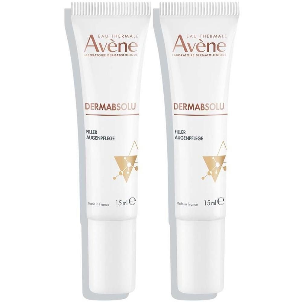 Zwei weiße Tuben AVENE DermAbsolu Filler Augenpflege. Aufschrift: Eau Thermale Avène, DermAbsolu, Filler Augenpflege, 15 ml.