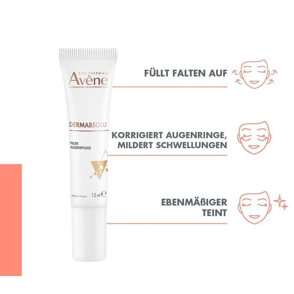 AVENE DermAbsolu Filler Augenpflege Tube. Text: Füllt Falten auf, korrigiert Augenringe, mildert Schwellungen, ebenmäßiger Teint.