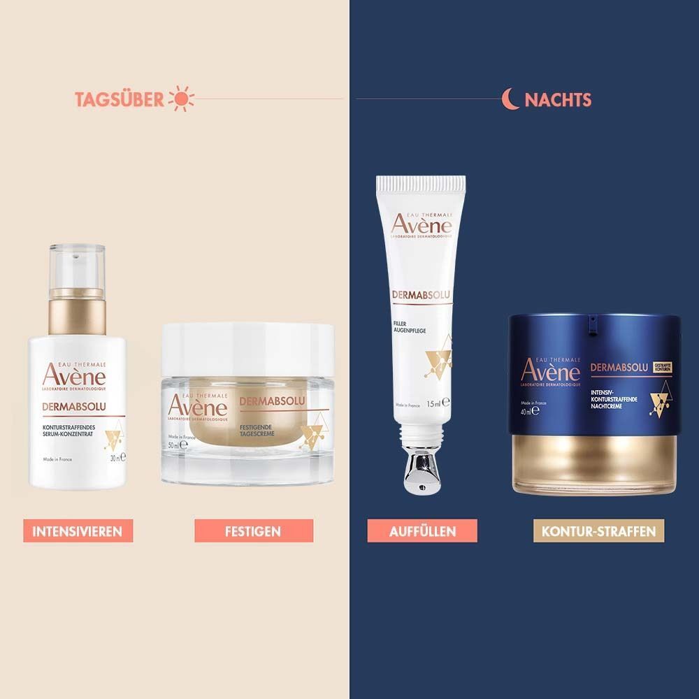 AVENE Produkte: Serum, Creme, Augenpflege, Nachtcreme. Beschriftung: Tagsüber: Intensivieren, Festigen. Nachts: Auffüllen, Kontur-straffen.