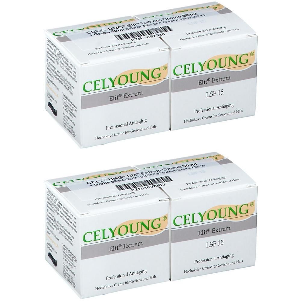 Zwei weiße Kartons mit Produktaufdruck. Aufschrift: CELYOUNG Elit Extrem, LSF 15. Professionelles Anti-Aging. Hochaktive Creme für Gesicht und Hals.