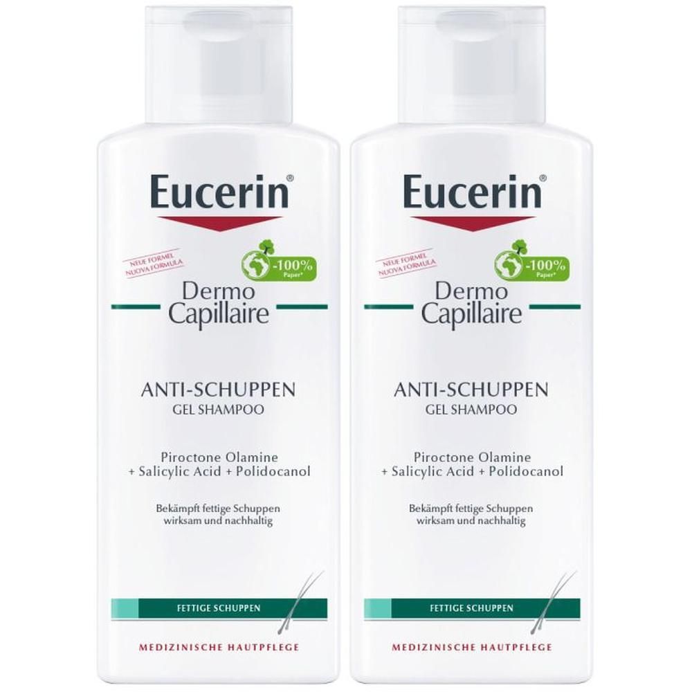 Zwei Flaschen Eucerin DermoCapillaire Anti-Schuppen Gel Shampoo nebeneinander.