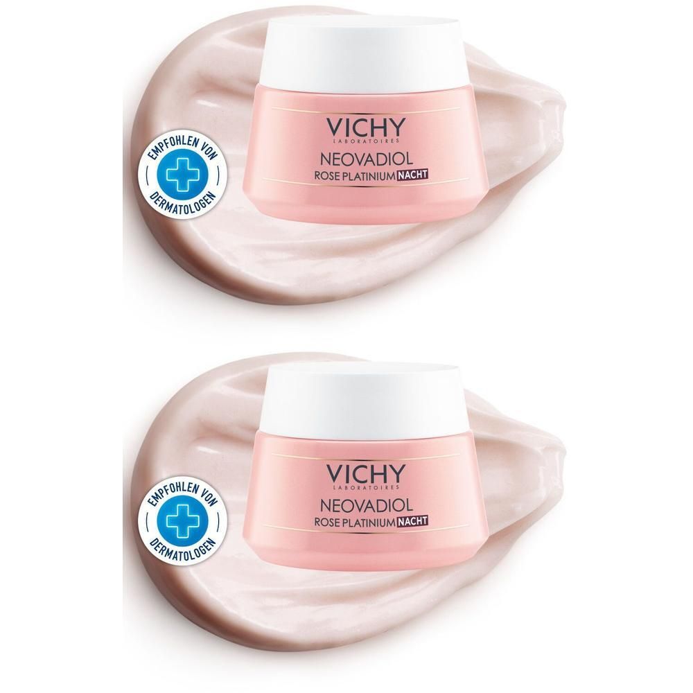 Zwei rosa Tiegel mit weißem Deckel. Aufschrift: VICHY NEOVADIOL Rose Platinum Nacht. Empfohlen von Dermatologen.