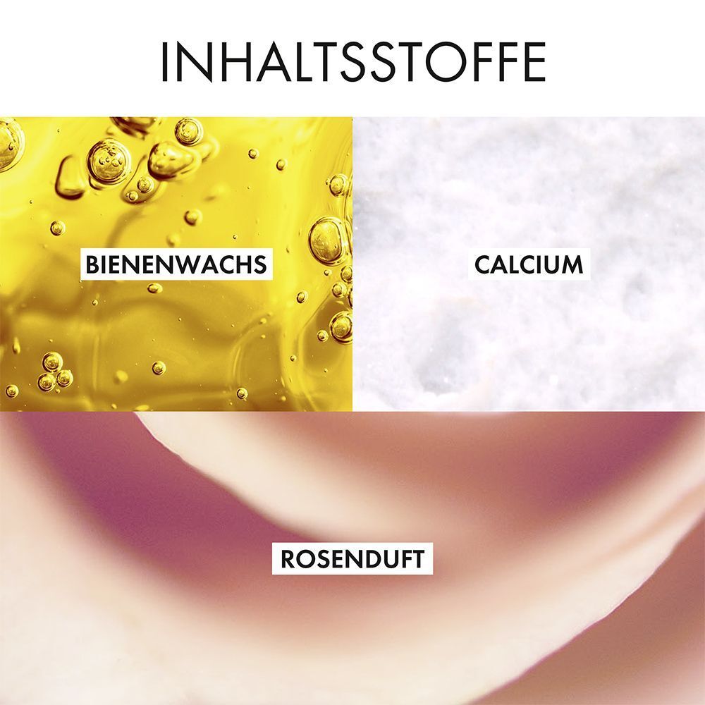 Nahaufnahme von Inhaltsstoffen: Bienenwachs, Calcium, Rosenduft.