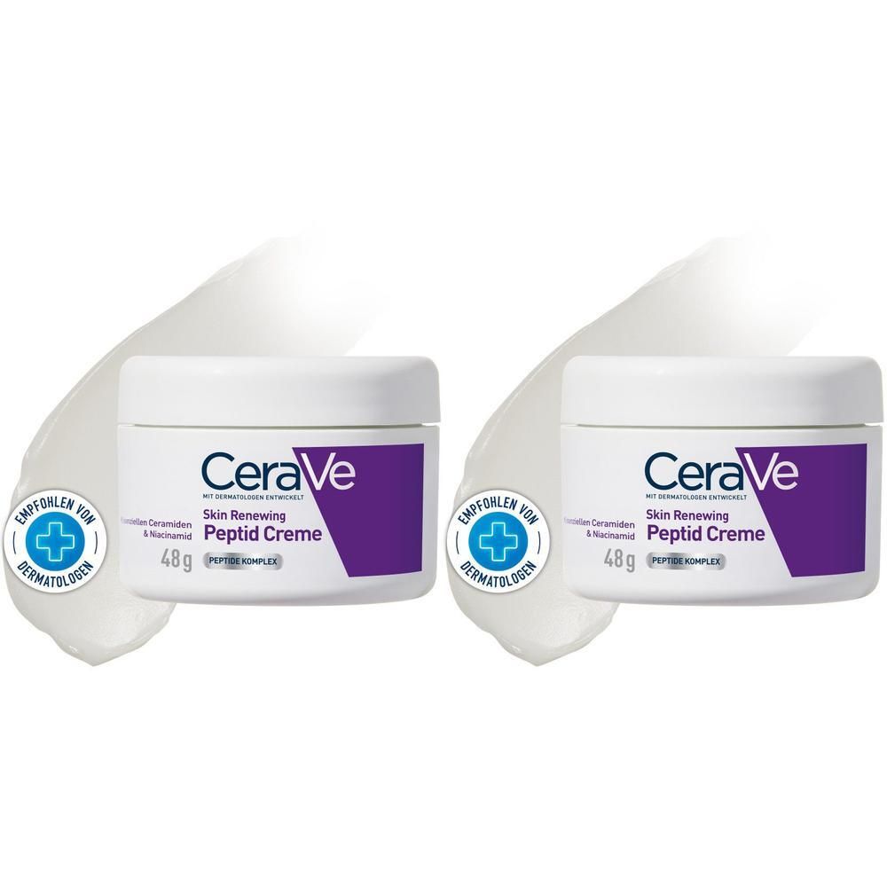 Zwei Tiegel CeraVe Skin Renewing Peptid Creme, weißes Gefäß mit lila Akzent. Mit Dermatologen empfohlen.