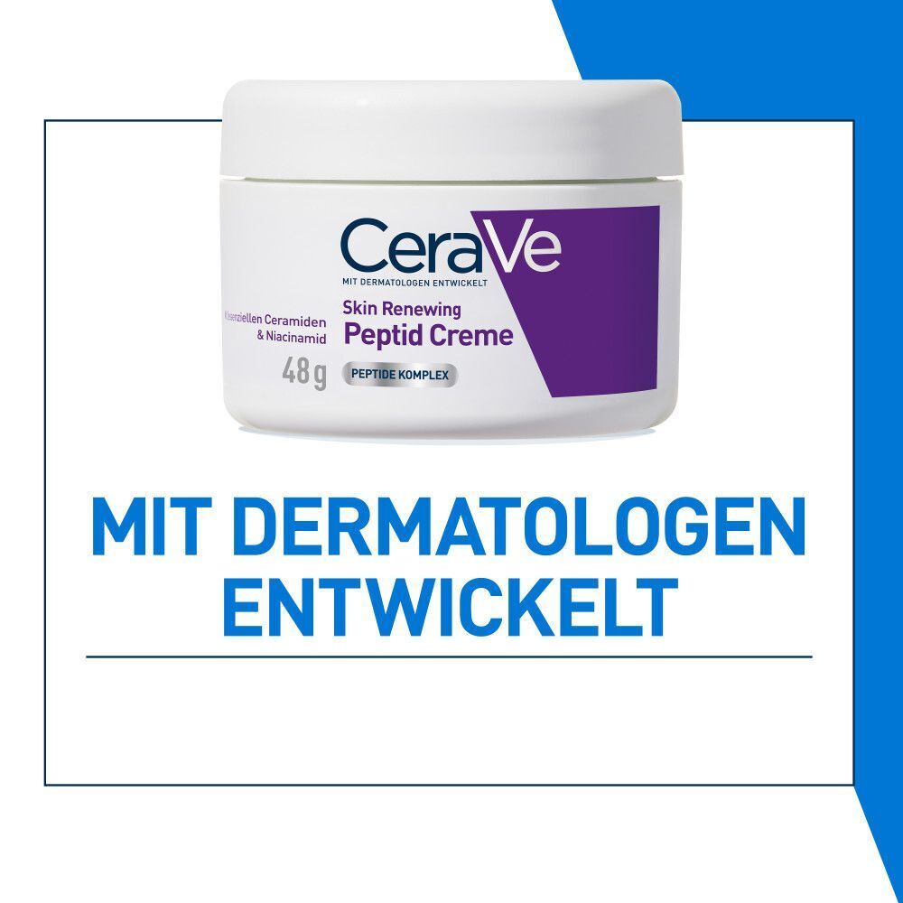 Tiegel CeraVe Skin Renewing Peptid Creme, weißes Gefäß mit lila Akzent. Mit Dermatologen entwickelt.