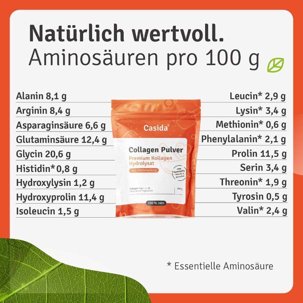 Infografik mit Aminosäuren pro 100g. Ein Beutel Casida Kollagen Pulver. Text: Kollagen Pulver, Premium Kollagen Hydrolysat. Aminosäuren-Tabelle.