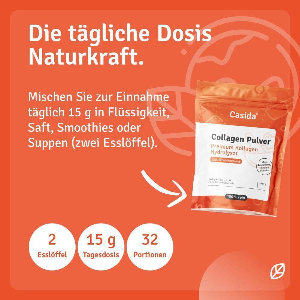 Infografik zur täglichen Dosierung. Ein Beutel Casida Kollagen Pulver. Text: Kollagen Pulver, Premium Kollagen Hydrolysat. 15g Tagesdosis, 32 Portionen.