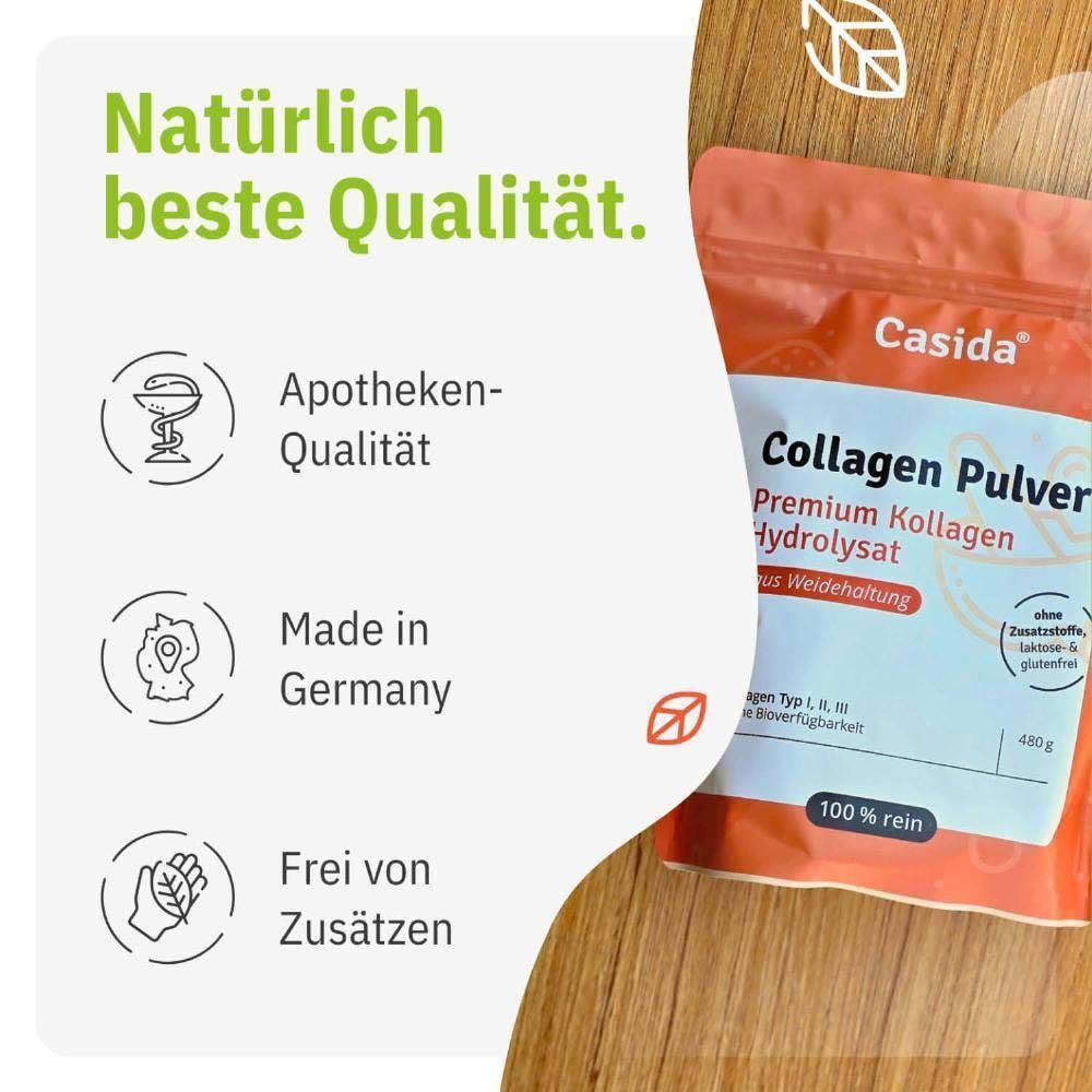 Infografik mit Qualitätsmerkmalen. Ein Beutel Casida Kollagen Pulver. Text: Kollagen Pulver, Premium Kollagen Hydrolysat. Apotheken-Qualität, Made in Germany.