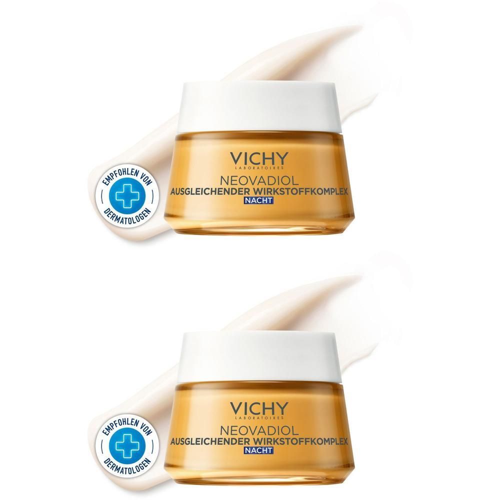 Zwei Tiegel VICHY Neovadiol Nachtcreme. Weißer Deckel, goldfarbener Tiegel. Aufschrift: NEOVADIOL, Nacht. Empfohlen von Dermatologen.