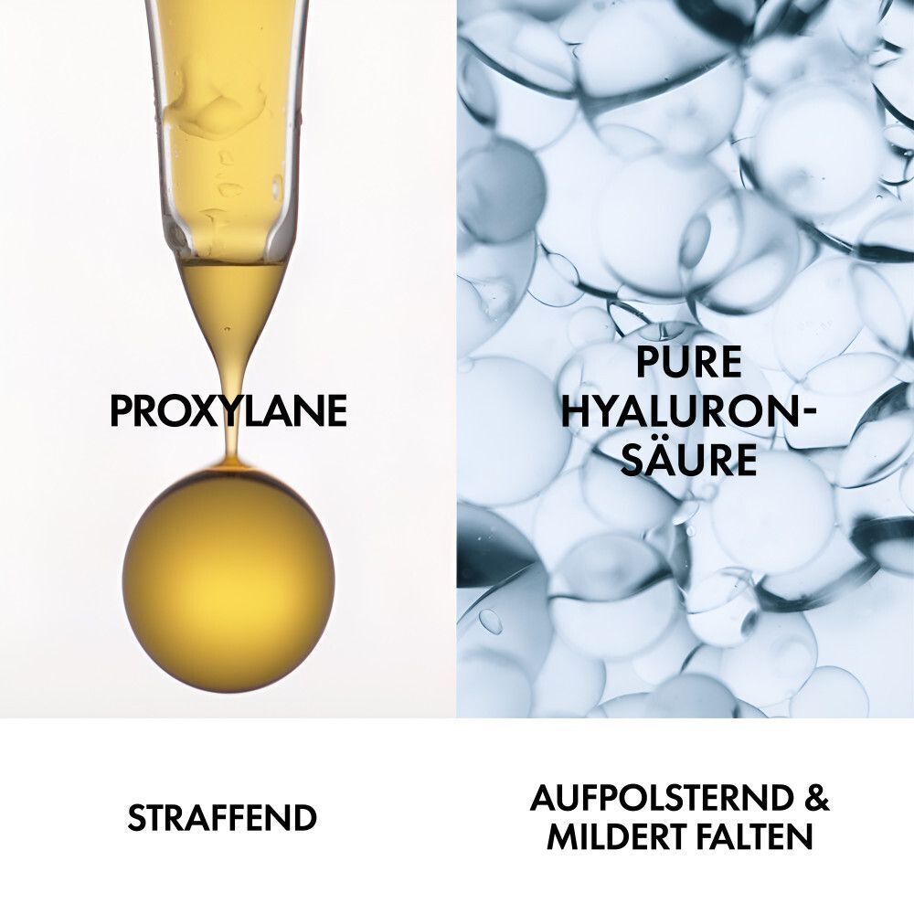 Zwei Abbildungen. Links: Pro-Xylane, Tropfen. Rechts: Pure Hyaluronsäure, blaue Kugeln. Text: Straffend, aufpolsternd & mildert Falten.