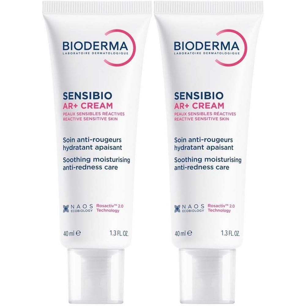 Zwei Tuben BIODERMA Sensibio AR+ Creme. Weiße Tuben mit roter Beschriftung. Text: Sensibio AR+ Creme, Soin anti-rougeurs hydratant apaisant.