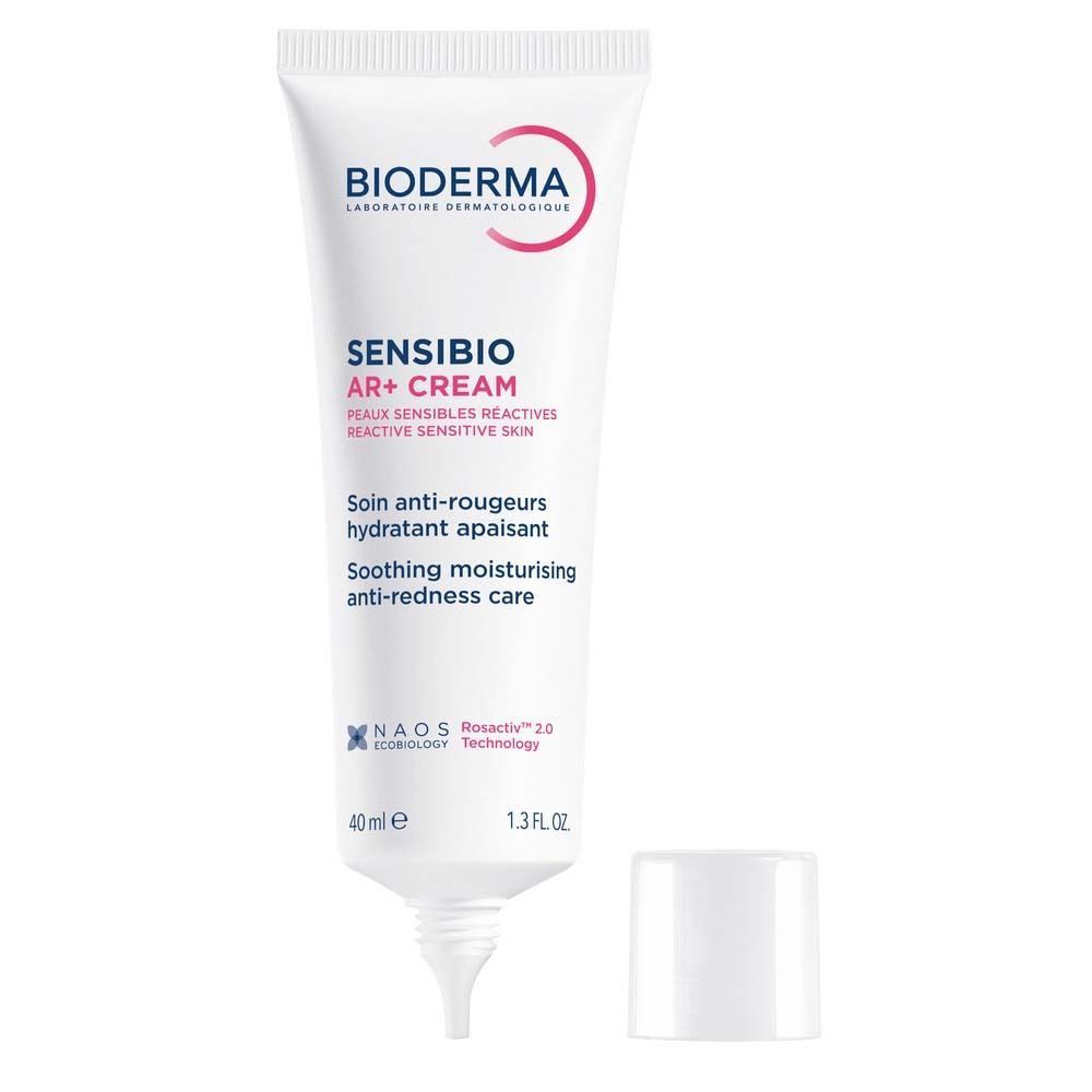 BIODERMA Sensibio AR+ Creme Tube, Kappe daneben. Weiße Tube mit roter Beschriftung. Text: Sensibio AR+ Creme, Soin anti-rougeurs hydratant apaisant.