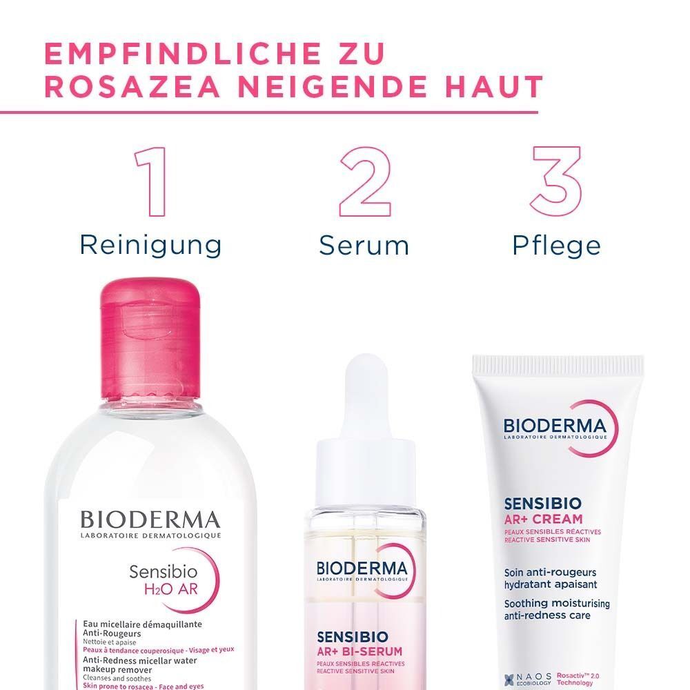 Drei BIODERMA Produkte: Reinigung, Serum, Pflege. BIODERMA H2O AR, BI-Serum, Sensibio AR+ Creme. Text: Empfindliche zu Rosazea neigende Haut.