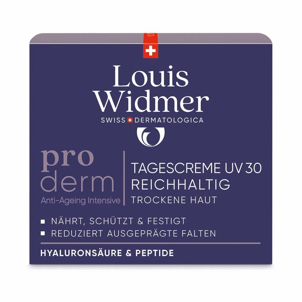 Verpackung von WIDMER proderm Tagescreme UV 30 reichhaltig. Blaue Schachtel mit Text und Logo. Schweizer Kreuz.
