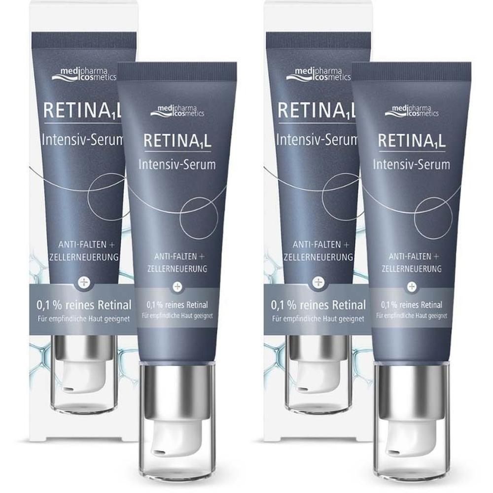 Zwei Packungen MEDIPHARMA cosmetics Retinal Intensiv-Serum. Tuben mit weißer Schrift auf grauem Hintergrund, in weißen Schachteln.