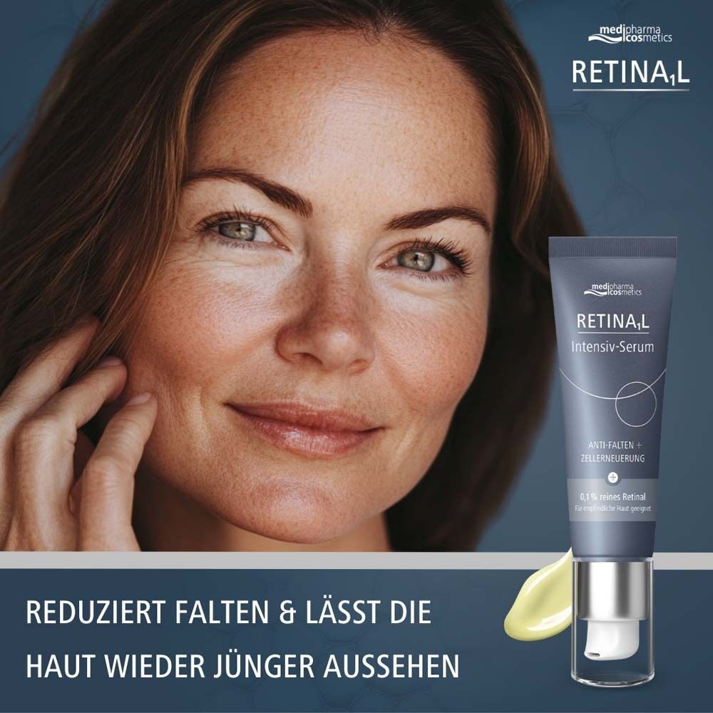 Frau mit Hautbild. Daneben Tube Retinal Intensiv-Serum. Text: Reduziert Falten & lässt die Haut wieder jünger aussehen.