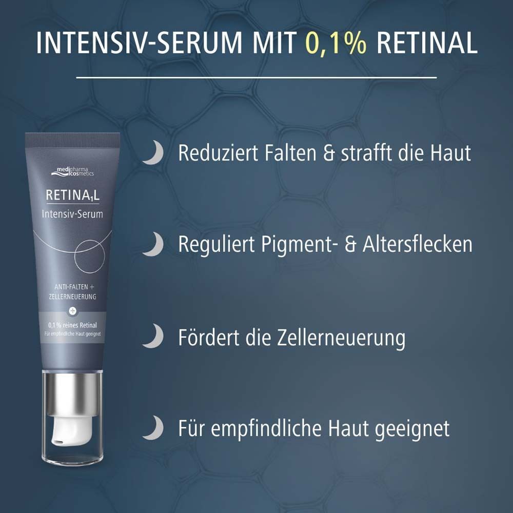 Tube Retinal Intensiv-Serum. Text: Reduziert Falten & strafft die Haut, reguliert Pigment- & Altersflecken, fördert die Zellerneuerung.