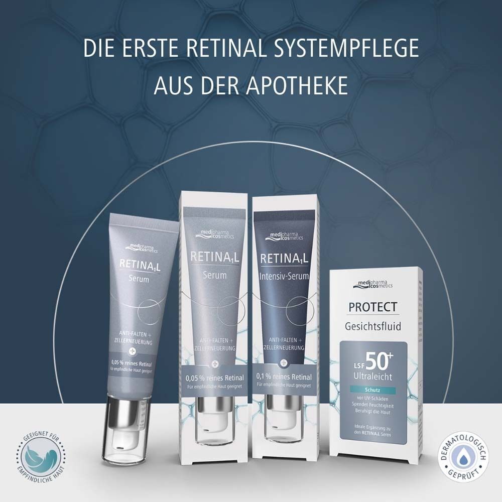 Drei Tuben Retinal Serum und eine Packung Protect Gesichtfluid. Produkte in weißen Schachteln.