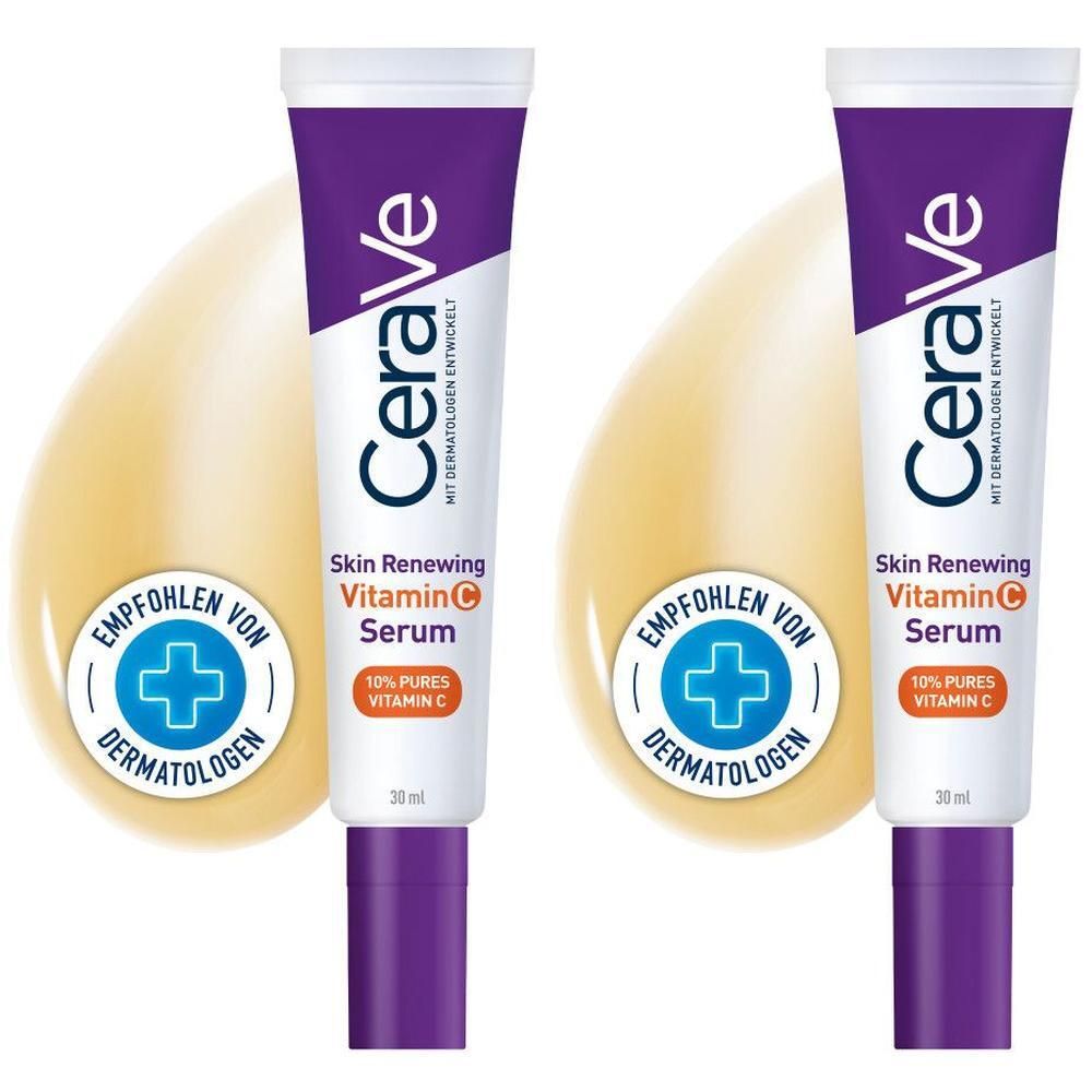 Zwei Tuben CeraVe Skin Renewing Vitamin C Serum. Lila und weiße Tube mit Produktnamen und Logo. Gelber Tropfen im Hintergrund.
