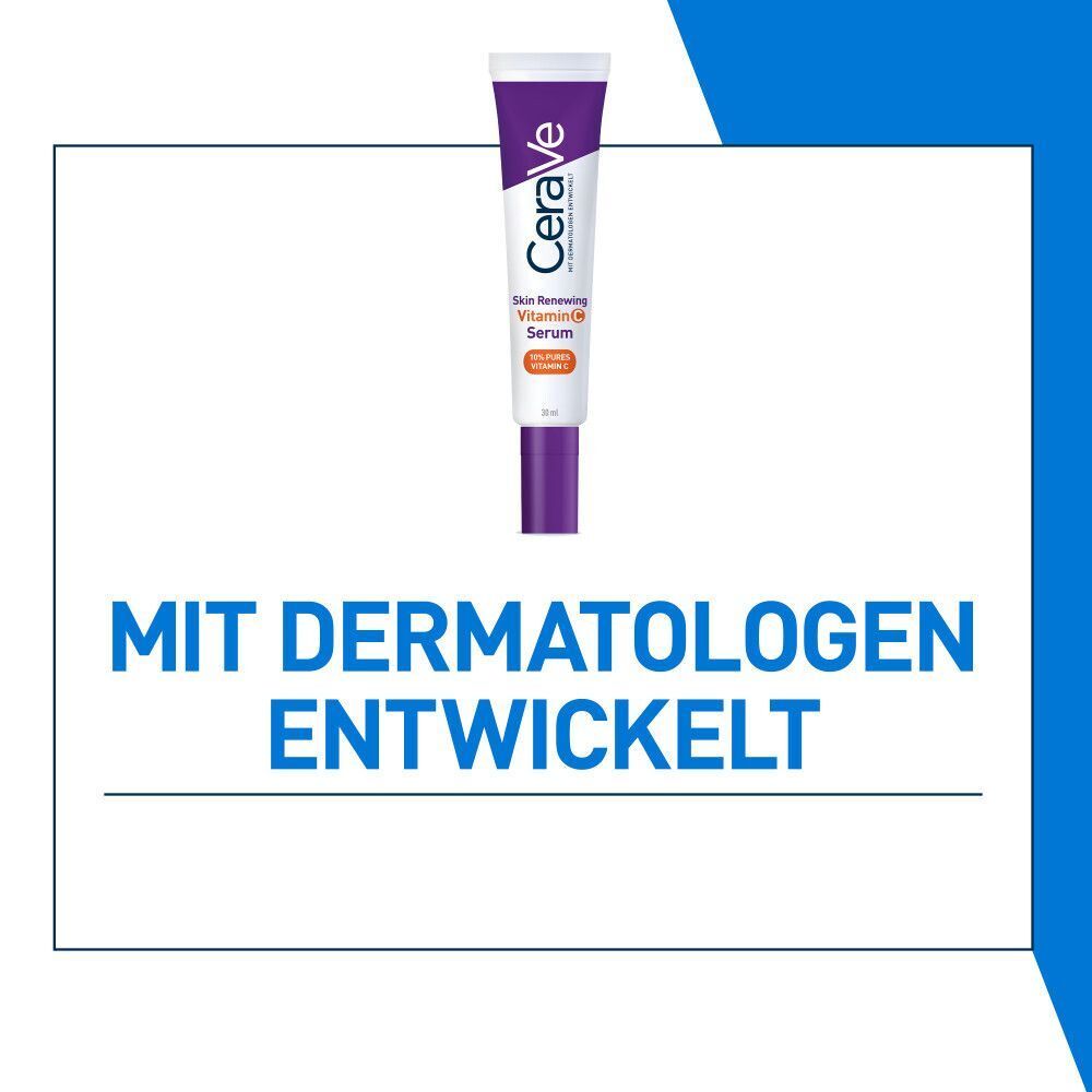 Tube CeraVe Skin Renewing Vitamin C Serum. Text: Mit Dermatologen entwickelt.