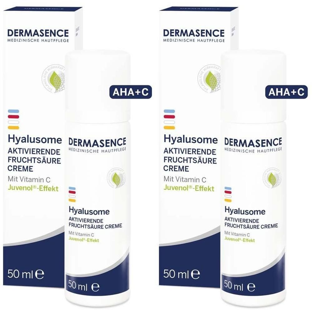 Zwei Flaschen DERMASENCE Hyalusome aktiv.Fruchtsäure Creme, 50 ml, mit Verpackung. AHA+C-Label.